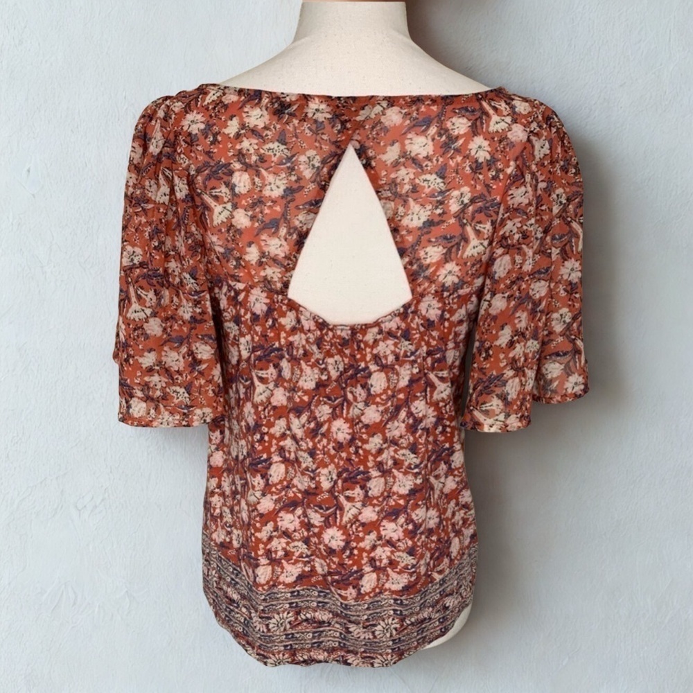 Lucky Brand Flutter Sleeve Floral Boho Top Women Small